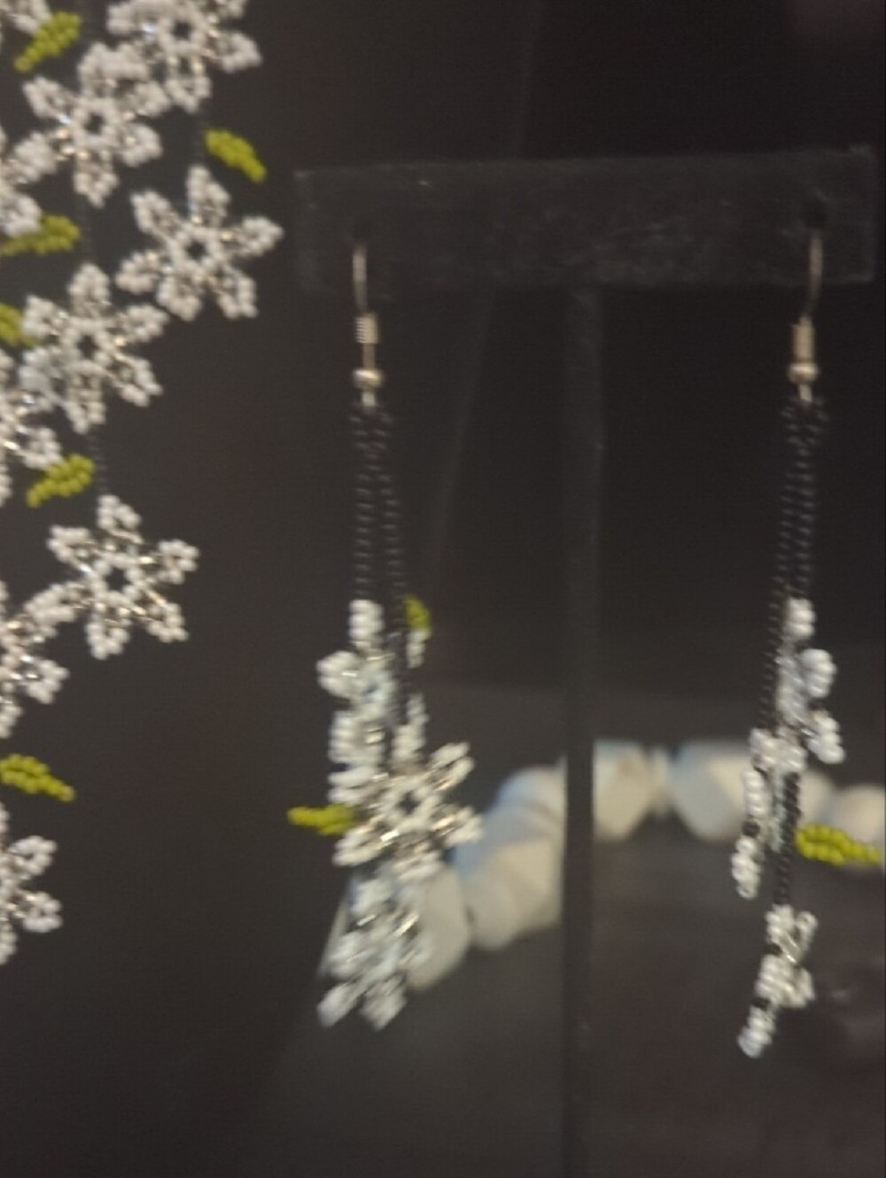 Delicate White Floral Beaded Statement Necklace with Green Accents - Picture 3 of 6